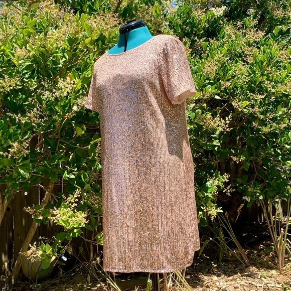 MSK Sequin Shift Dress XL Copper Pink Short Sleeve Mini - Picture 5 of 17